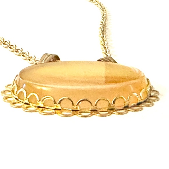 Yellow Orange Polished Glass Oval Necklace with Gold-Toned Chain - Picture 4 of 9
